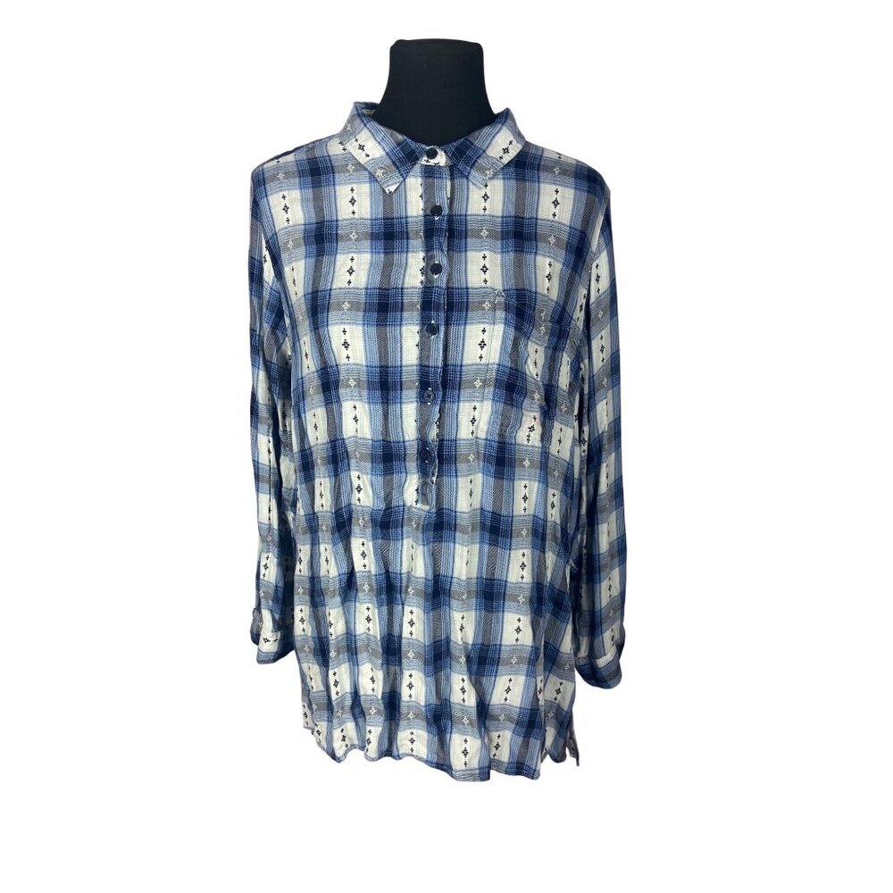 Cato Blue White Hi Low Plaid Long Roll Tab Sleeve Comfy Coastal Grandma Popover